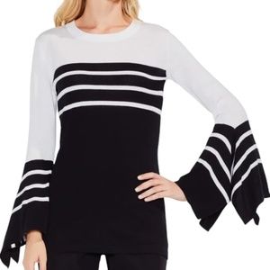 Vince Camuto Black & White Striped Crew Neck Sweater with Bell Sleeves, Size XS